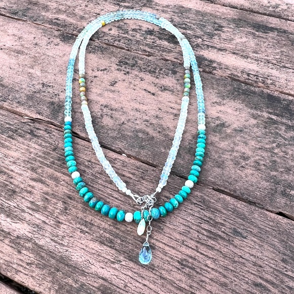 Natural Chrysocolla, Aquamarine, Moonstone Wrap Bracelet Necklace 14k White Gold - Picture 7 of 11